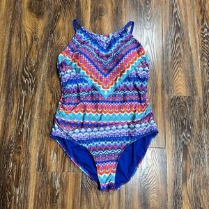 Jantzen Women's Size 14 L One Piece Swimsuit Blue Farrah Crisscross Colorful